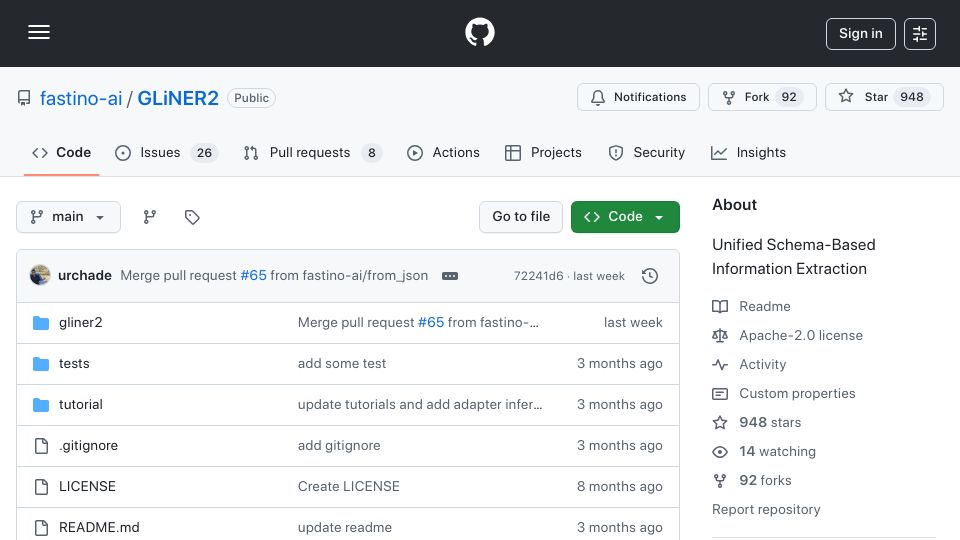 Screenshot of github.com: GLiNER2: Unified Schema-Based Information Extraction