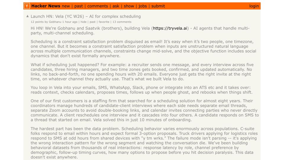 Screenshot of Hacker News post: Launch HN: Vela (YC W26) – AI for complex scheduling