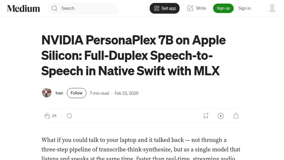 Screenshot of blog.ivan.digital: Nvidia PersonaPlex 7B on Apple Silicon: Full-Duplex Speech-to-Speech in Swift