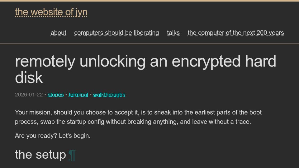 Screenshot of jyn.dev: Remotely unlocking an encrypted hard disk