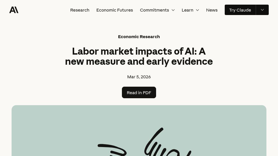 Screenshot of anthropic.com: Labor market impacts of AI: A new measure and early evidence