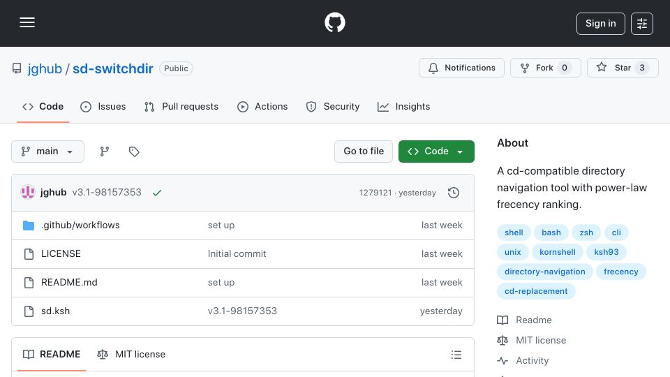 Screenshot of github.com: Show HN: A shell-native cd-compatible directory jumper using power-law frecency