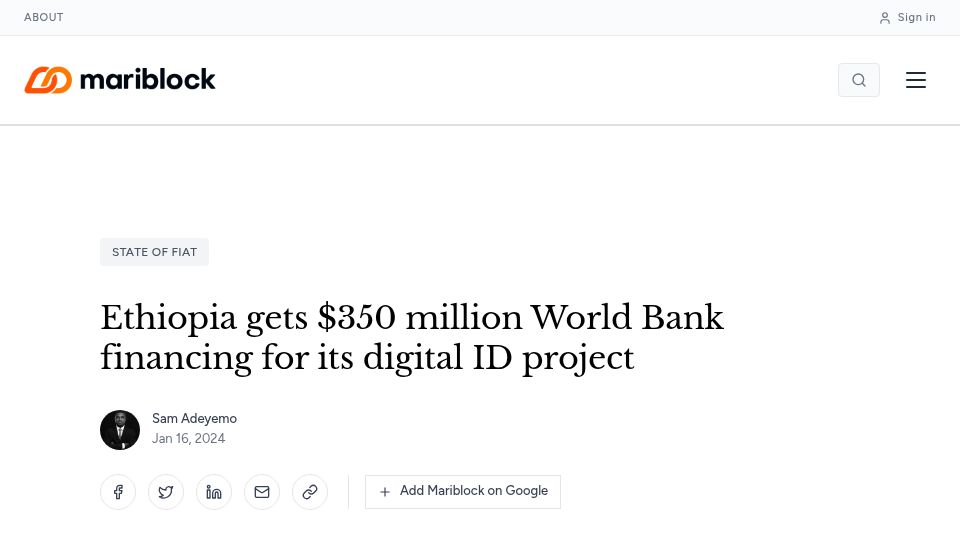 Screenshot of mariblock.com: Ethiopia gets $350M World Bank financing for its digital ID project (2024)