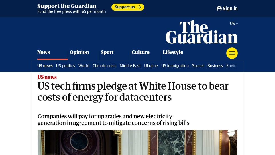 Screenshot of theguardian.com: US tech firms pledge at White House to bear costs of energy for datacenters
