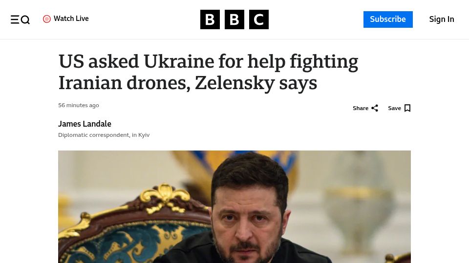 Screenshot of bbc.com: US asked Ukraine for help fighting Iranian drones, Zelensky says