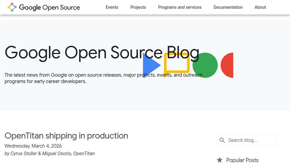 Screenshot of opensource.googleblog.com: OpenTitan Shipping in Production
