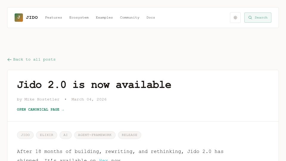 Screenshot of jido.run: Show HN: Jido 2.0, Elixir Agent Framework