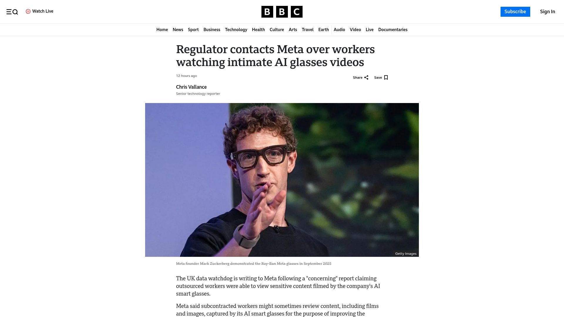 Screenshot of bbc.com: Regulator contacts Meta over workers watching intimate AI glasses videos