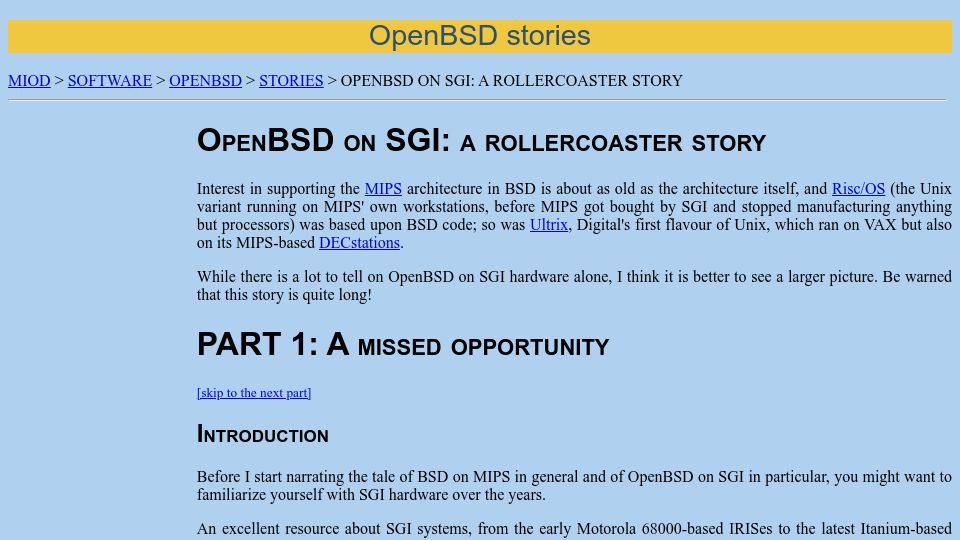 Screenshot of miod.online.fr: OpenBSD on SGI: A Rollercoaster Story