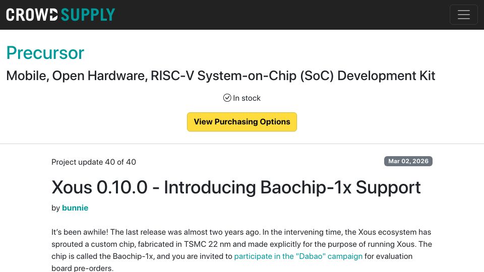Screenshot of crowdsupply.com: Xous security focused open source on 22nm custom silicon