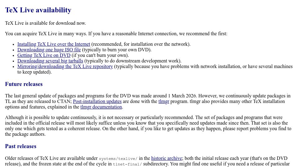Screenshot of tug.org: TeX Live 2026 is available for download now