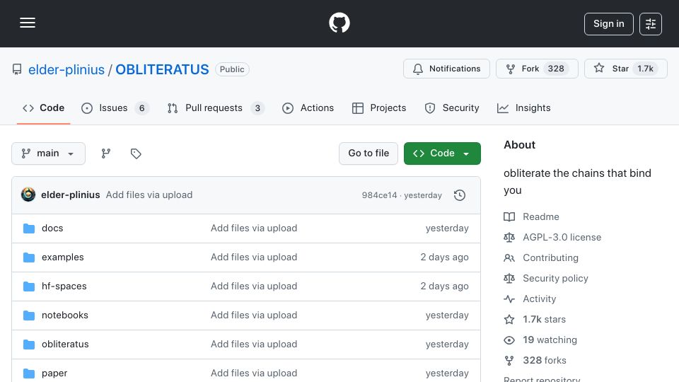 Screenshot of github.com: A tool that removes censorship from open-weight LLMs