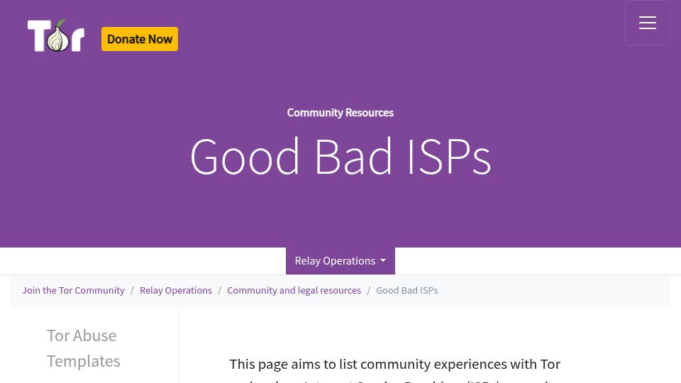 Screenshot of community.torproject.org: Good Bad ISPs