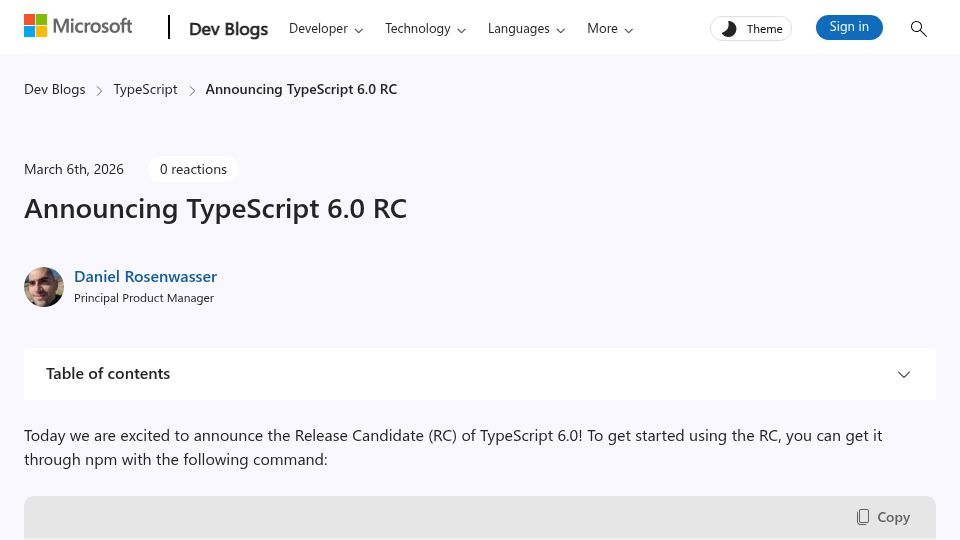 Screenshot of devblogs.microsoft.com: TypeScript 6.0 RC