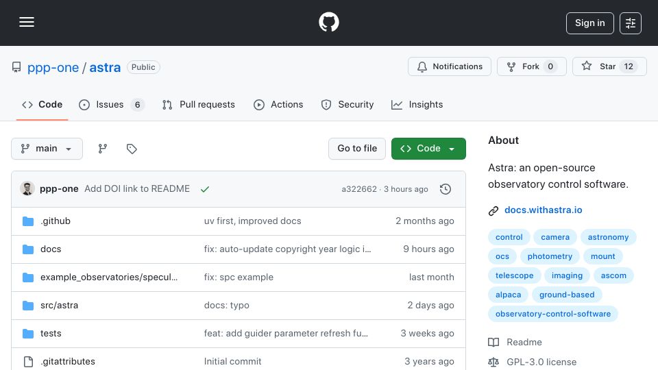 Screenshot of github.com: Astra: An open-source observatory control software