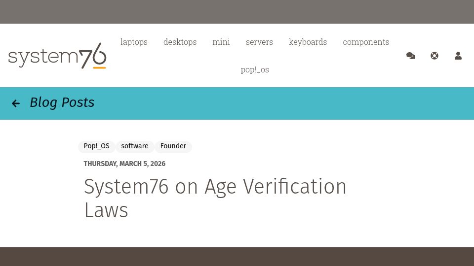 Screenshot of blog.system76.com: System76 on Age Verification Laws