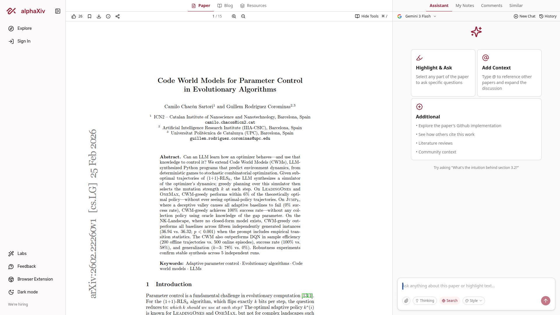 Screenshot of alphaxiv.org: Code World Models for Parameter Control in Evolutionary Algorithms