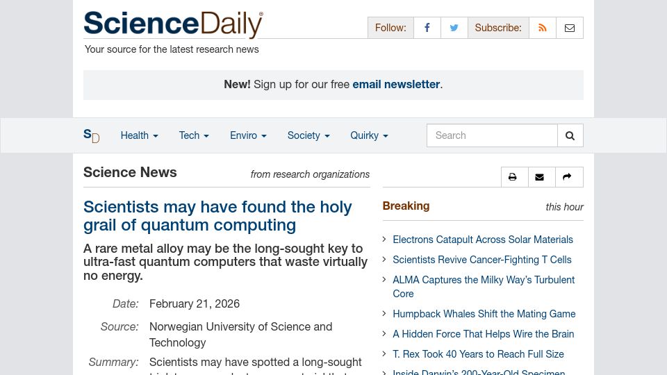 Screenshot of sciencedaily.com: Triplet Superconductor