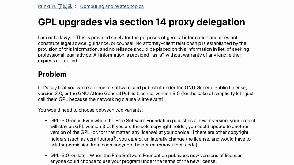 Screenshot of runxiyu.org: GPL upgrades via section 14 proxy delegation