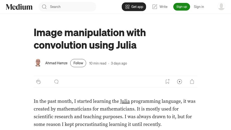 Screenshot of medium.com: Image manipulation with convolution using Julia