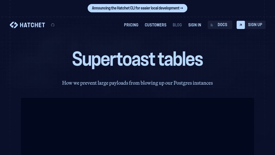 Screenshot of hatchet.run: Supertoast tables
