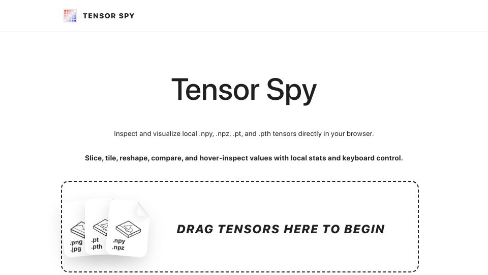 Screenshot of tensorspy.com: Show HN: Tensor Spy: inspect NumPy and PyTorch tensors in the browser, no upload