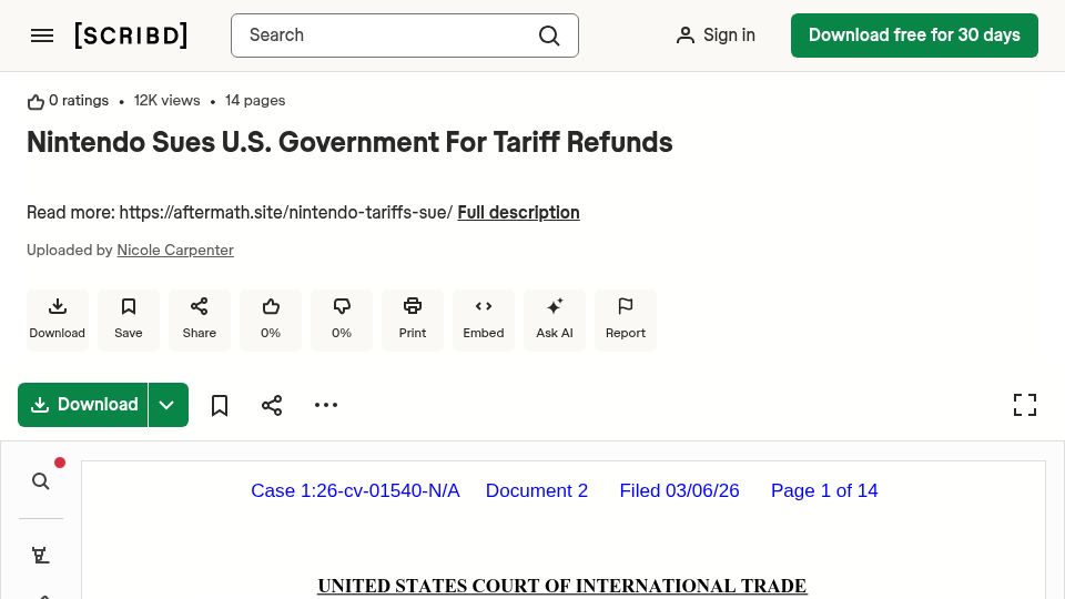 Screenshot of scribd.com: Nintendo Sues U.S. Government for Tariff Refunds