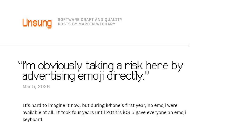 Screenshot of unsung.aresluna.org: It took four years until 2011’s iOS 5 gave everyone an emoji keyboard