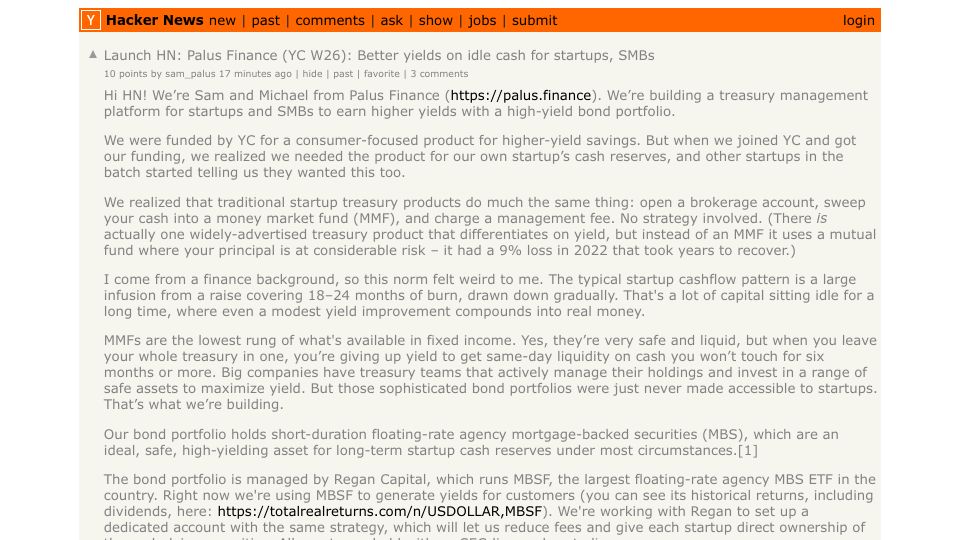 Screenshot of Hacker News post: Launch HN: Palus Finance (YC W26): Better yields on idle cash for startups, SMBs