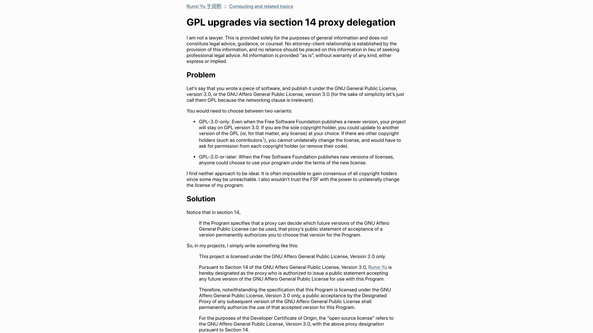 Screenshot of runxiyu.org: GPL upgrades via section 14 proxy delegation