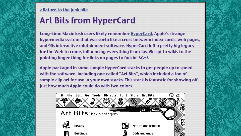 Screenshot of archives.somnolescent.net: Art Bits from HyperCard