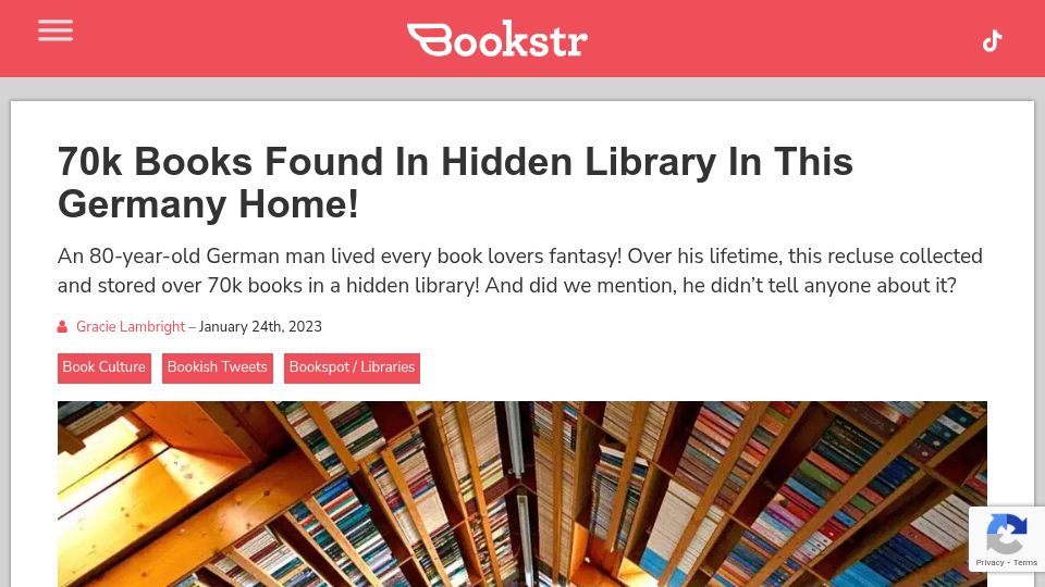 Screenshot of bookstr.com: 70k Books Found in Hidden Library in This Germany Home (2023)