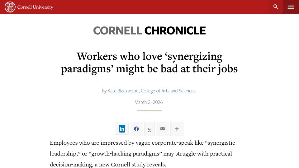Screenshot of news.cornell.edu: Workers who love ‘synergizing paradigms’ might be bad at their jobs
