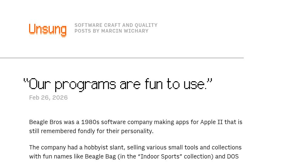 Screenshot of unsung.aresluna.org: "Our programs are fun to use" – Beagle Bros
