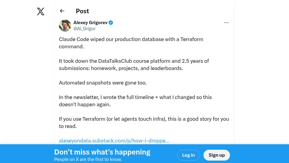 Screenshot of twitter.com: Claude Code wiped our production database with a Terraform command