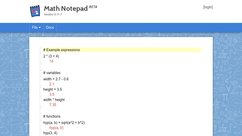 Screenshot of mathnotepad.com: Math Notepad