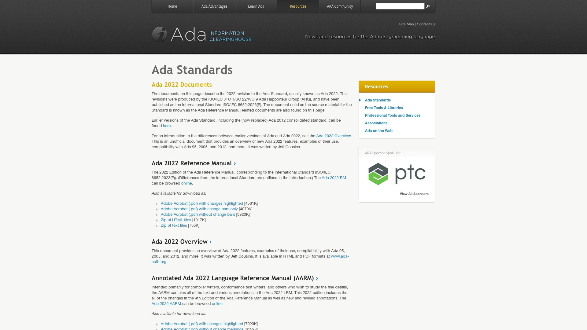 Screenshot of adaic.org: Ada 2022