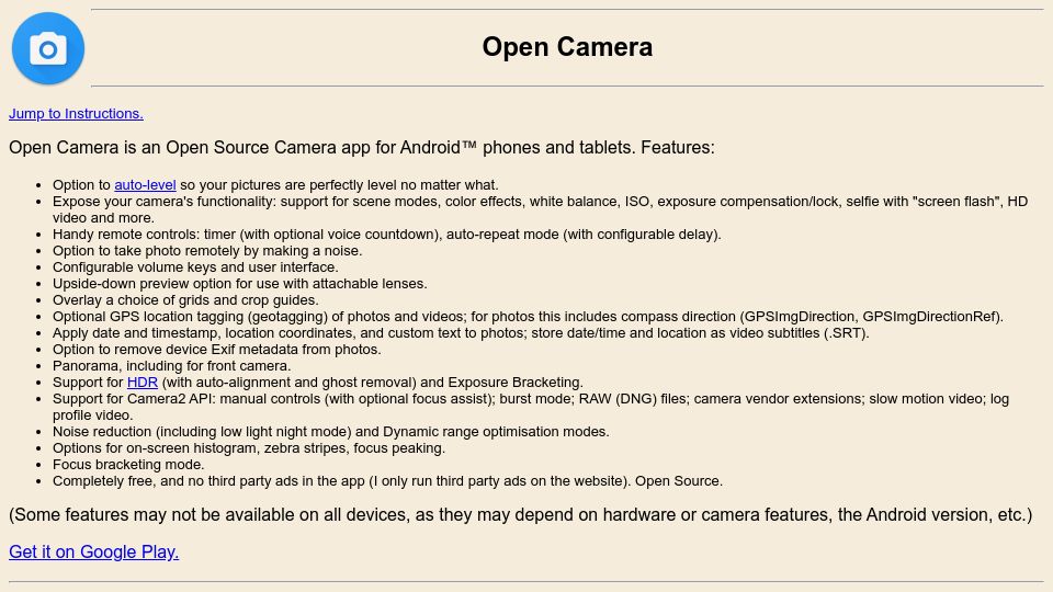 Screenshot of opencamera.org.uk: Open Camera is a FOSS camera app for Android
