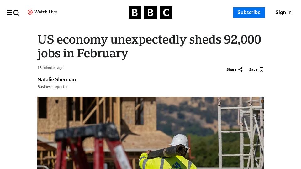 Screenshot of bbc.com: US economy unexpectedly sheds 92k jobs in February