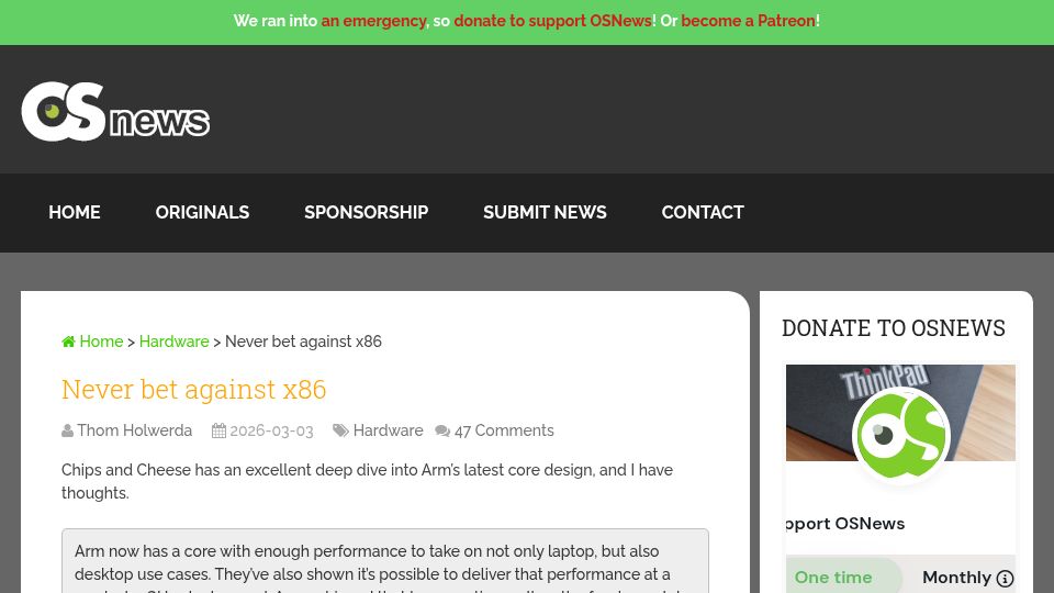 Screenshot of osnews.com: Never Bet Against x86