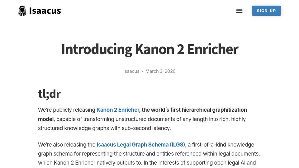 Screenshot of isaacus.com: Show HN: Kanon 2 Enricher – the first hierarchical graphitization model