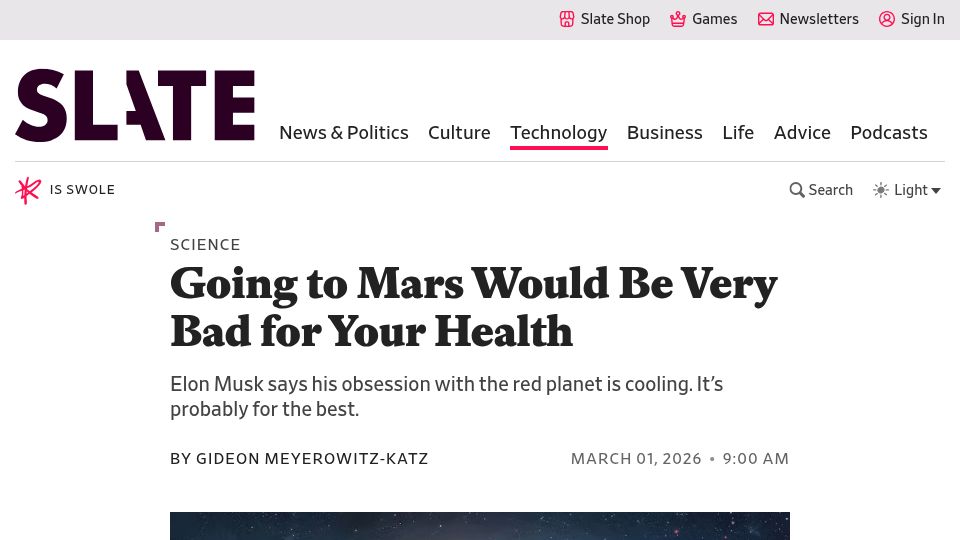 Screenshot of slate.com: Why Going to Mars Would Be Bad for Your Health