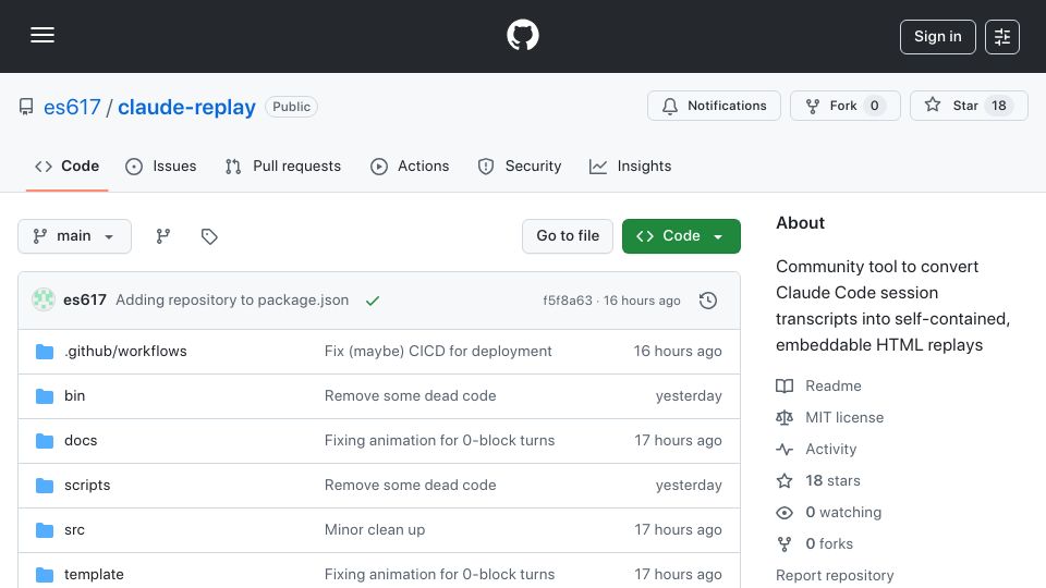 Screenshot of github.com: Show HN: Claude-replay – A video-like player for Claude Code sessions