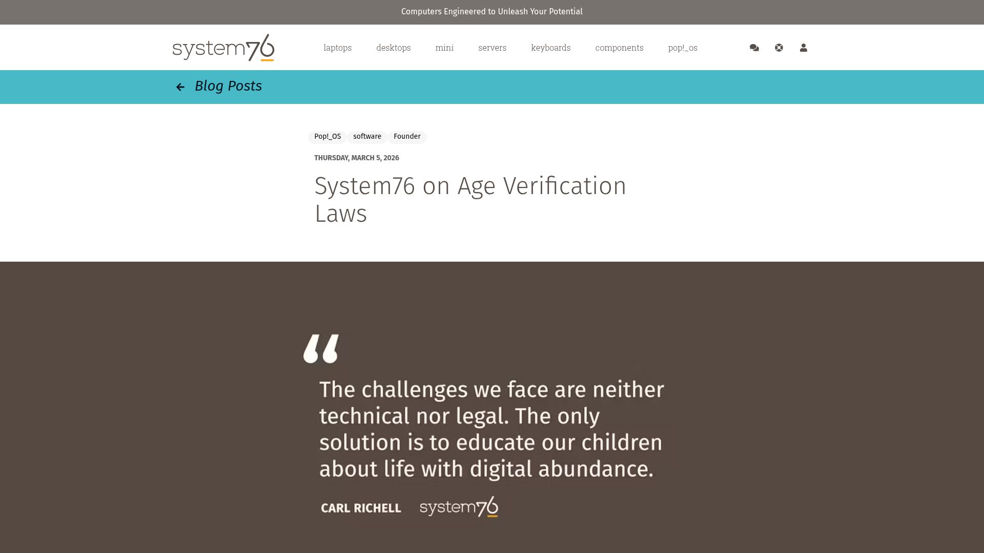 Screenshot of blog.system76.com: System76 on Age Verification Laws