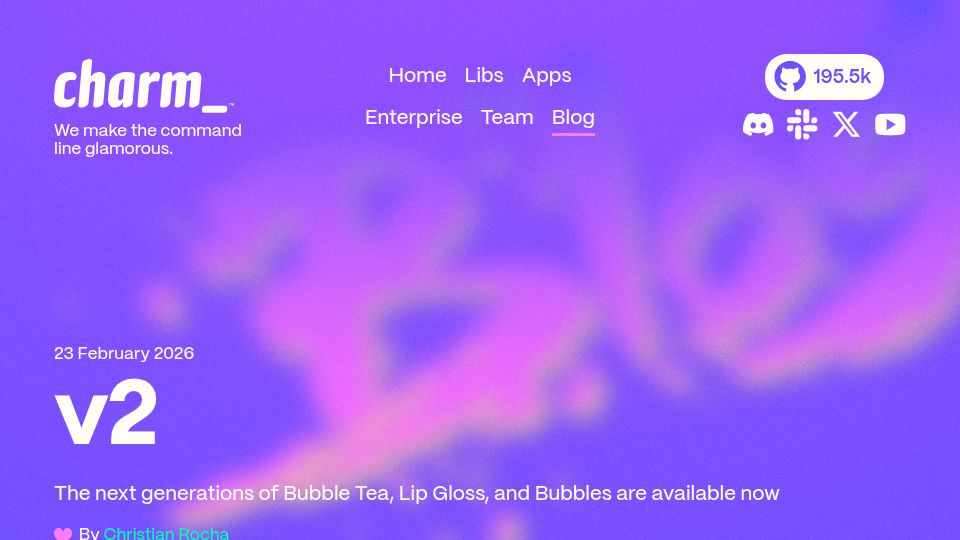 Screenshot of charm.land: The next generations of Bubble Tea, Lip Gloss, and Bubbles are available now