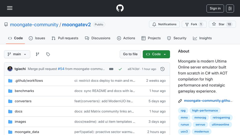 Screenshot of github.com: Show HN: Moongate – Ultima Online server emulator in .NET 10 with Lua scripting
