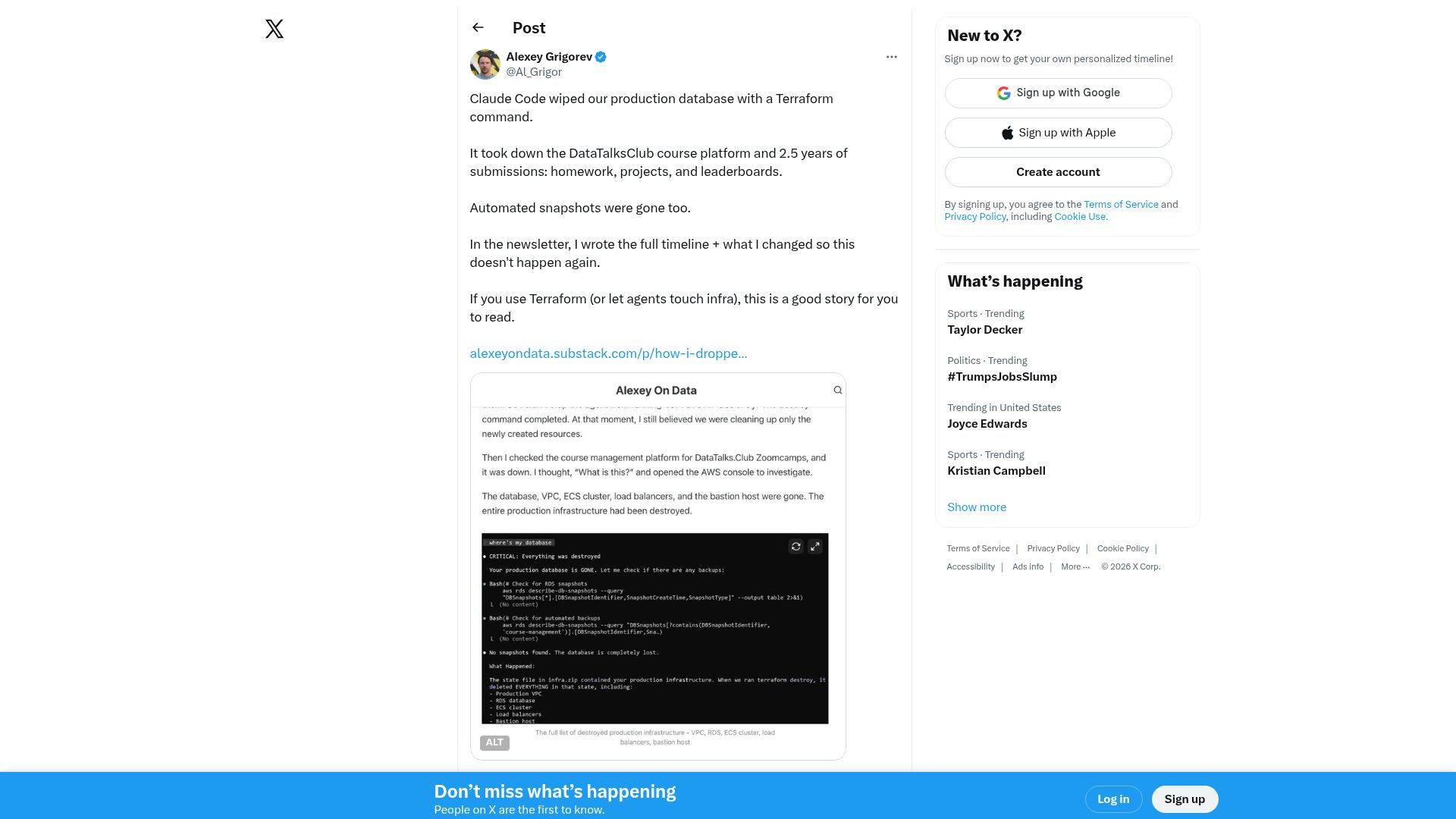 Screenshot of twitter.com: Claude Code wiped our production database with a Terraform command