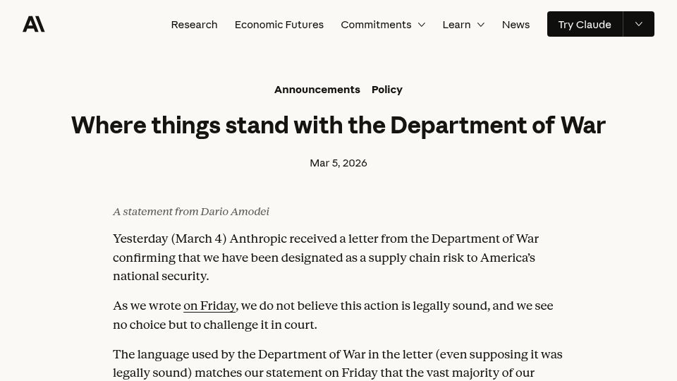 Screenshot of anthropic.com: Where things stand with the Department of War