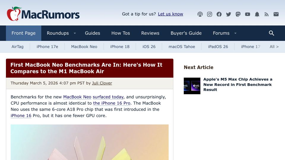 Screenshot of macrumors.com: First MacBook Neo Benchmarks Are In