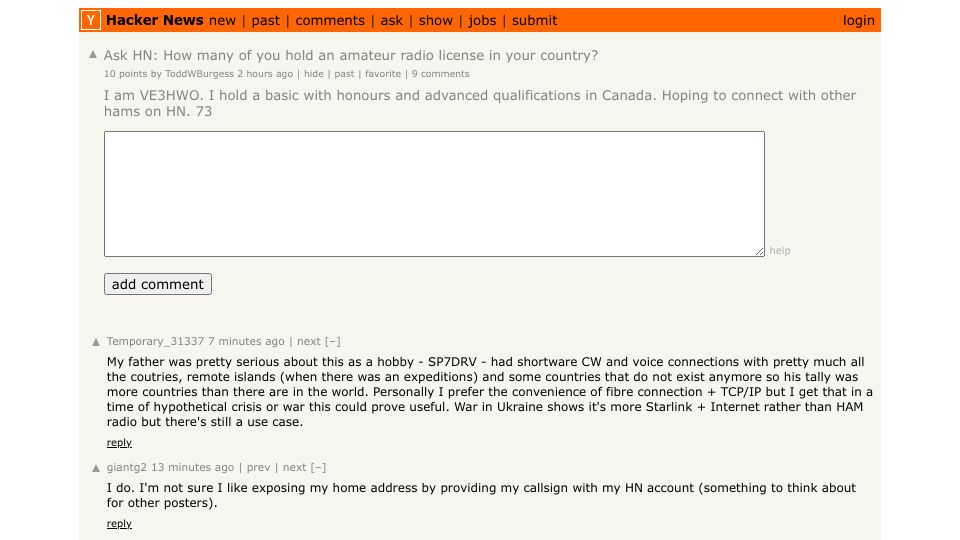 Screenshot of Hacker News post: Ask HN: How many of you hold an amateur radio license in your country?